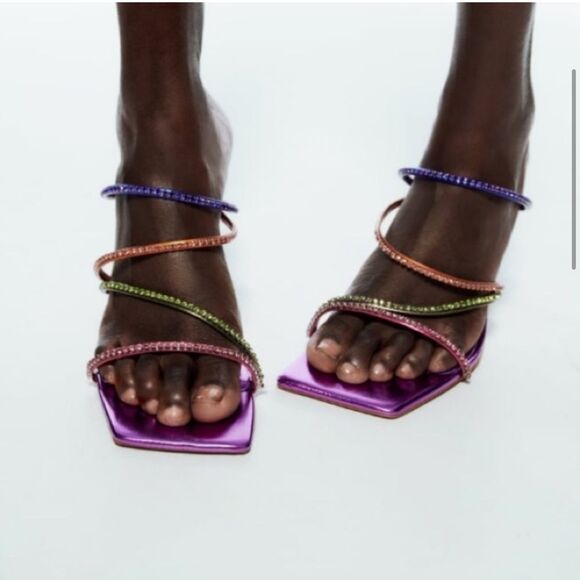 Zara Multicolor metallic purple Strappy women’s colorful Heels size us 8 NWT fun - Picture 3 of 16